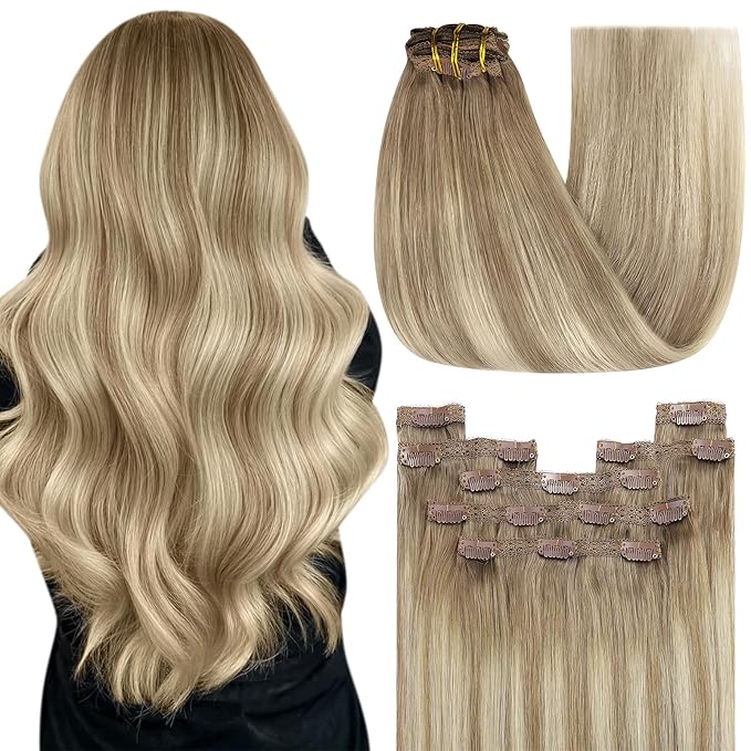 YoungSee 24In Clip on Hair Extension Balayage Clip in Hair Extensions Human Hair Medium Brown Fading To Brown Mix Platinum Blonde Balayage Soft and Silky Clip in Real Hair Extension for Long 120G 7Pcs