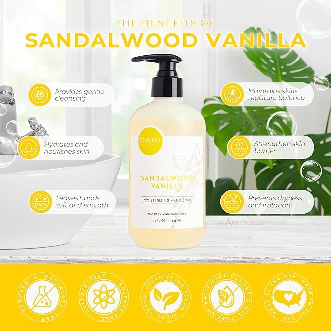 Naturals Moisturizing Hand Soap – Sandalwood Vanilla Scent, Hydrating, Sulfate-Free & Paraben-Free, 12 Oz Bottle with Pump, Gentle Cleansing for Dry Skin