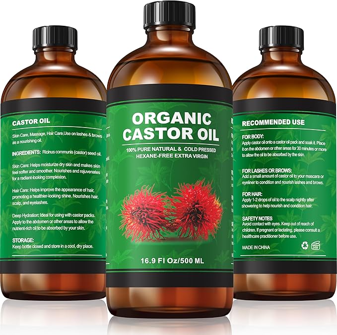 16.9 oz Castor Oil Organic Cold Pressed Unrefined Glass Bottle | 4 Pcs Castor Oil Pack Wrap Organic Cotton Reusable, Caster Oils Kit for Face, Hair, Eyelashes, Waist, Knee, Body