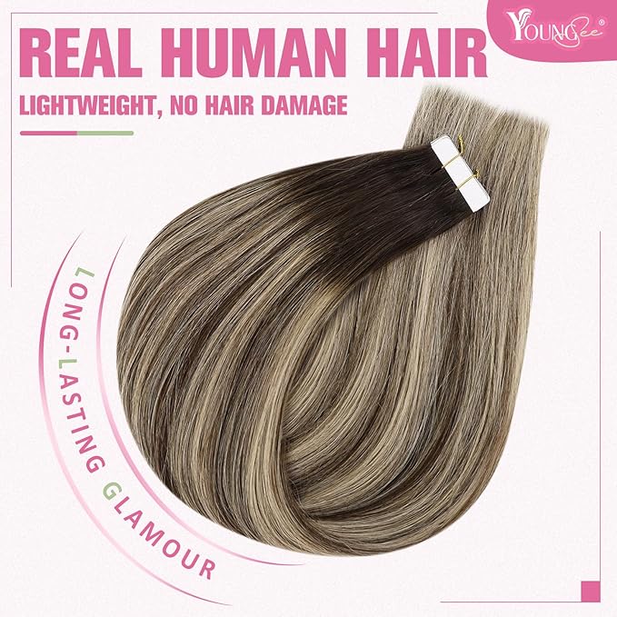 YoungSee Tape in Extensions Human Hair Balayage Tape ins Human Hair Extensions Balayage Dark Brown with Ash Blonde Tape in Hair Silky Straight 20 Inch 20pcs 50g Long-Lasting