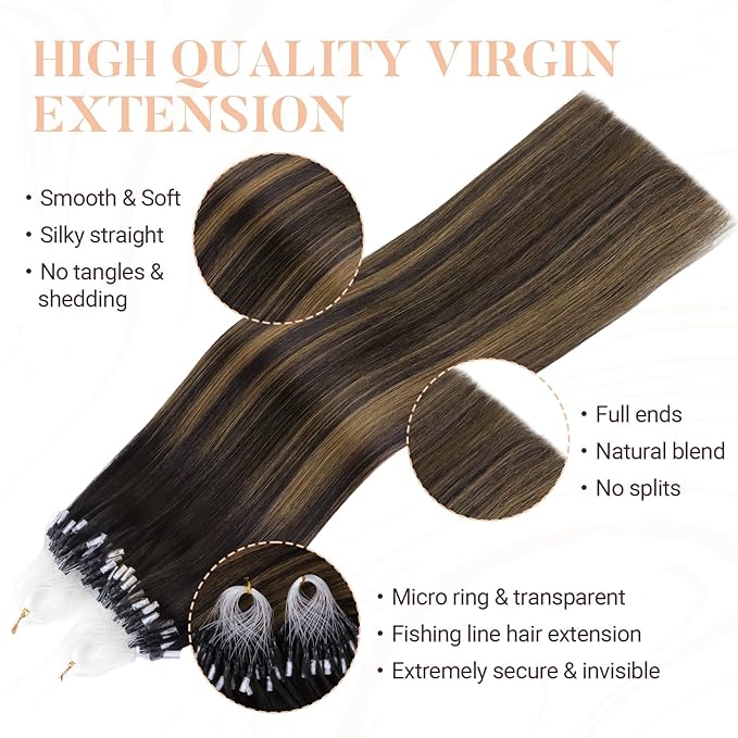 MAXITA Microlink Hair Extensions Human Hair Balayage Dark Brown Mixed Chestnut Brown Micro Bead Hair Extensions Virgin Human Hair, 50g/50 Strands/Pack, 18 In