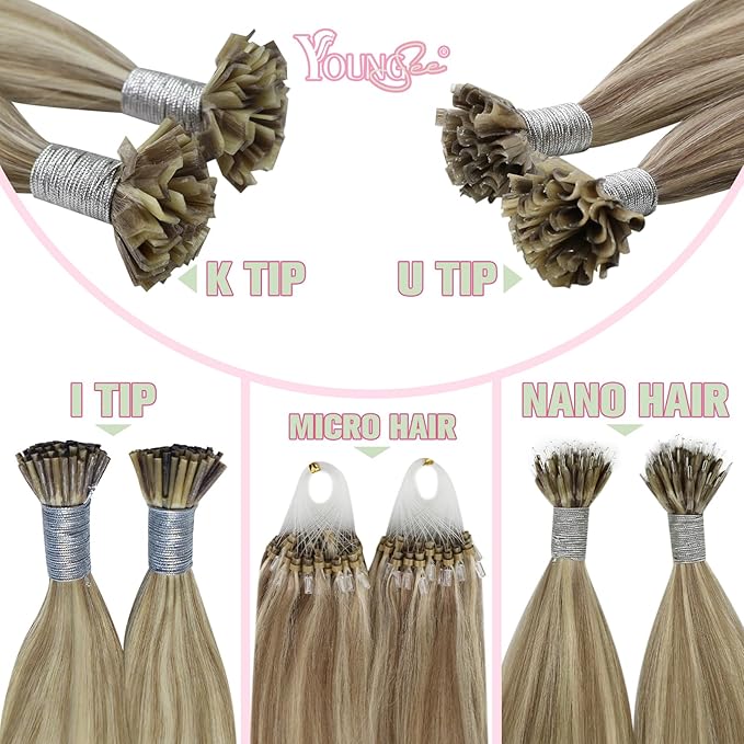 YoungSee K Tip Hair Extensions Human Hair Light Brown Highlight Ktip Human Hair Extensions Light Brown Highlights Blonde Ktip Natural Hair Extensions K Tip Human Hair Extensions for Women 18in 50s/50g