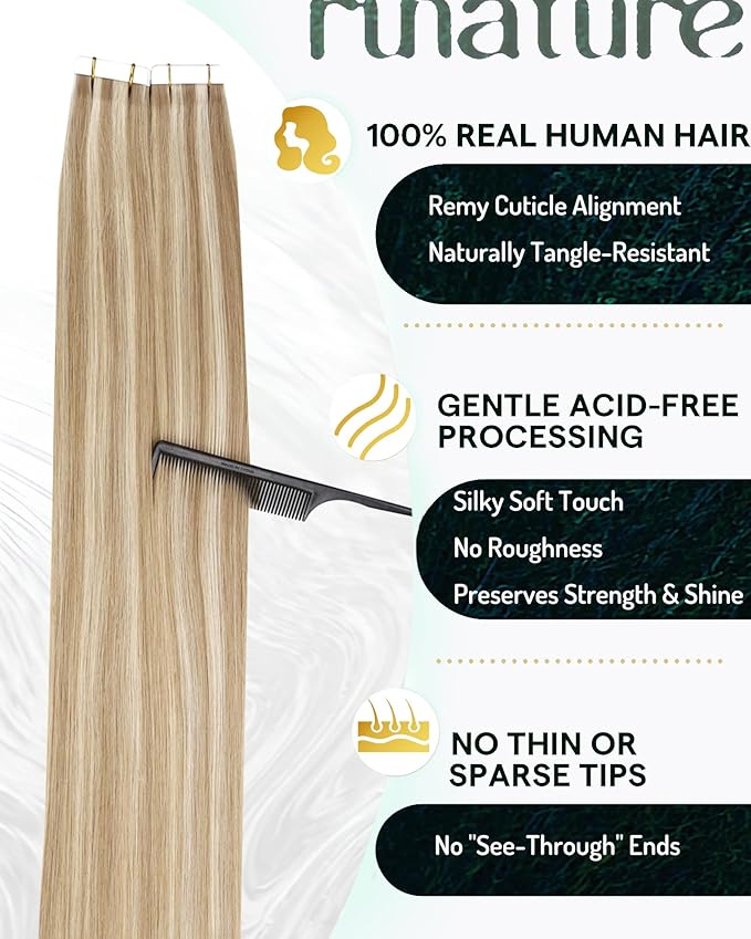 RUNATURE Tape in Hair Extensions Human Hair Blonde 18 Inch Tape in Extensions Human Hair,Ash Brown Highlight Platinum Blonde Straight Silky Double Sided, No Shedding 50g 20pcs