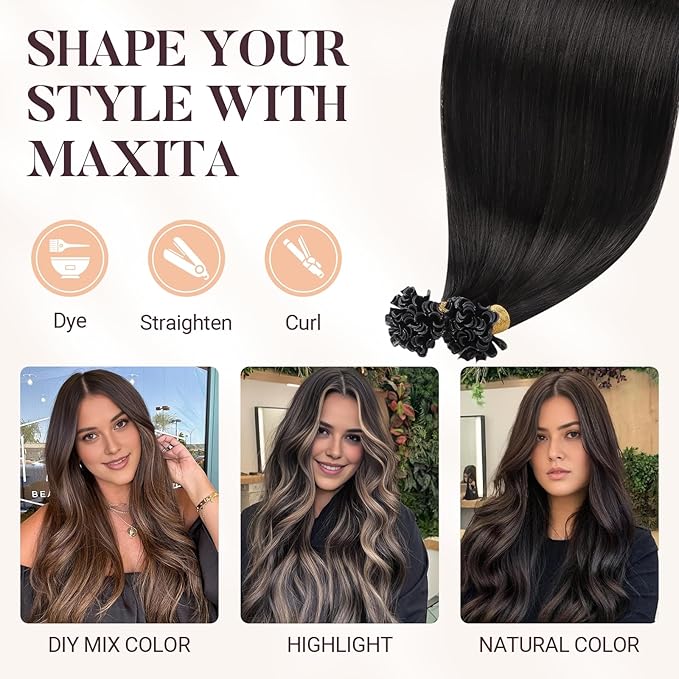 MAXITA U Tip Hair Extensions Human Hair, Natural Black Hair Extensions Real Human Hair, 50g/50 Strands/Pack, 22 In Virgin Human Hair