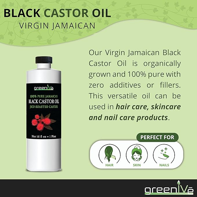 GreenIVe Jamaican Black Castor Oil JBCO Organically Grown 100% Pure Great For Hair and Topical Uses (16 Ounce)