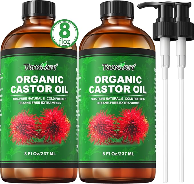 2 Pack Castor Oil Organic Cold Pressed Unrefined Glass Bottle with 2 Pumps – Pure & Hexane-Free for Hair Growth, Skin Care, Lashes, Brows, Body Nourishment – Ideal for Caster Oils Pack Wrap