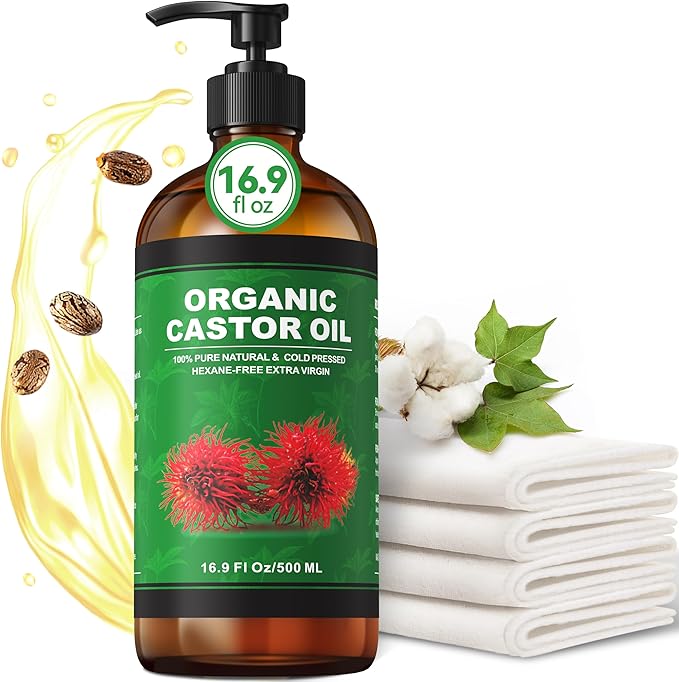 16.9 oz Castor Oil Organic Cold Pressed Unrefined Glass Bottle | 4 Pcs Castor Oil Pack Wrap Organic Cotton Reusable, Caster Oils Kit for Face, Hair, Eyelashes, Waist, Knee, Body