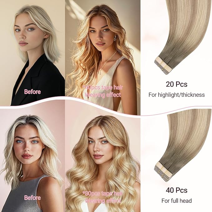 MAXITA Seamless Tape in Hair Extensions Human Hair, 100% Human Tape in Hair Extensions Light Ash Brown to Dirty Brown and Sun Blonde 16 Inch 50g 20pcs,Invisible Seamless Remy Tape for Extensions