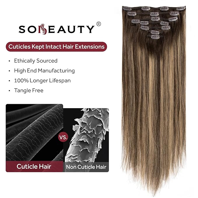 Clip in Hair Extensions Real Human Hair, Invisible Clip In Hair Extensions 100% Human Hair, Balayage Chocolate Brown to Caramel Blonde #4TP27/4 16Inch 120G 7PCS
