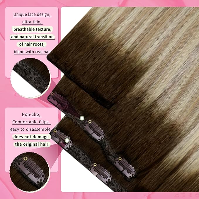 YoungSee Clip on Hair Extensions Ombre Hair Extensions Clip ins Dark Brown Ombre Golden Blonde Mix Platinum Blonde Balayage Soft and Silky Real Human Hair Extensions for Women 120G 20Inch 7Pcs