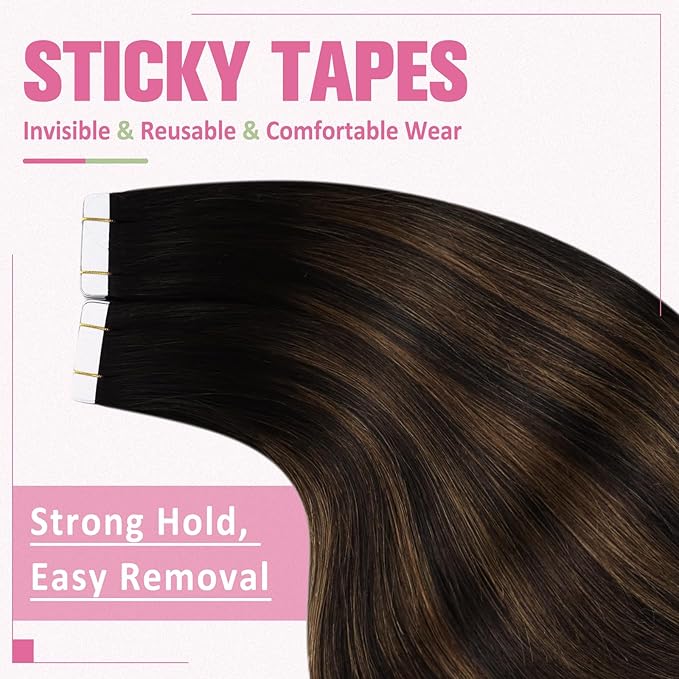 YoungSee Tape in Hair Extensions Real Human Hair Brown Tape Hair Extensions Balayage Dark Brown with Medium Brown Tapein Hair Extensions Real Human Hair Long Hair Extensions 24In 20pcs 50g