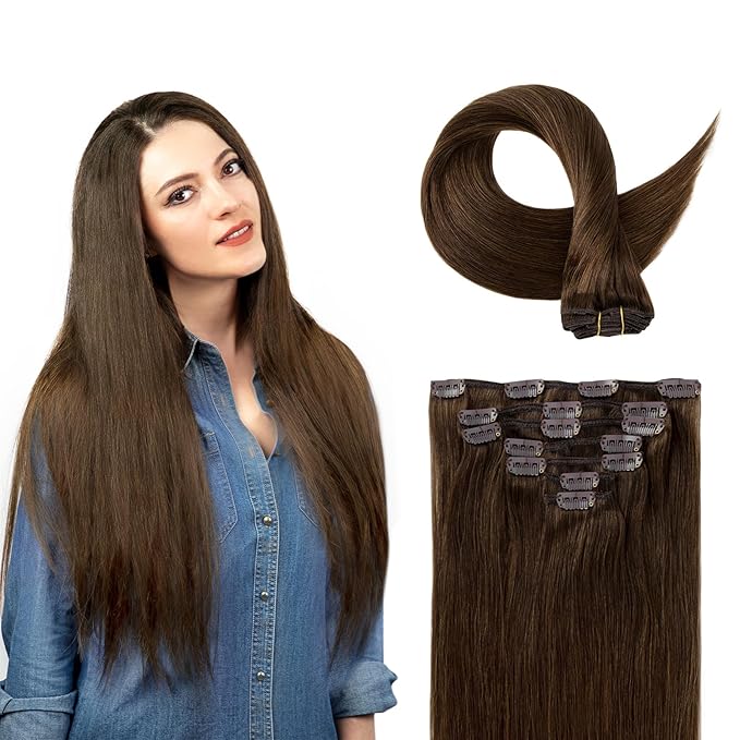 Clip in Hair Extensions Real Human Hair, 100% Remy Chocolate Brown Hair Extensions for Long Hair, Tangle-free&Shedding-free, #4 24Inch 120G 7PCS