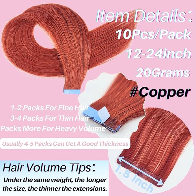 Copper Tape in Hair Extensions Human Hair Invisible Silky Smooth Mini Copper Hair Extensions Real Human Hair Tape in 20 Inch for Party