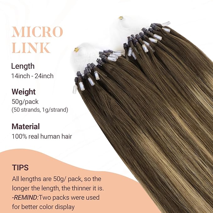 MAXITA Microlink Hair Extensions Human Hair Balayage Dark Brown Mixed Chestnut Brown Micro Bead Hair Extensions Virgin Human Hair, 50g/50 Strands/Pack, 20 In