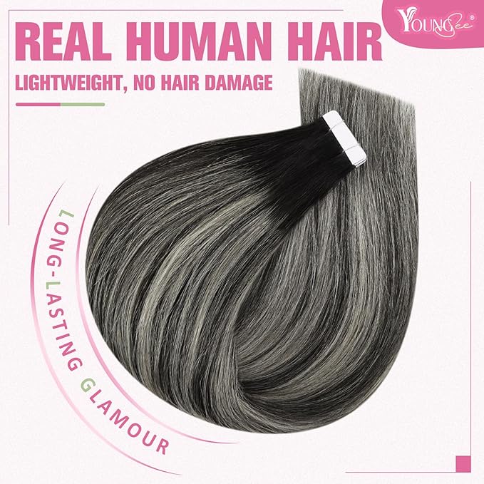 YoungSee Tape in Hair Extensions Human Hair Ombre Seamless Tape in Hair Extensions Human Hair Black Ombre Silver with Black Roots Human Hair Tape ins Reusable 18In 50g 20pcs