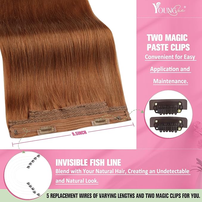 YoungSee Copper Wire Extensions Human Hair Invisible Wire Hair Extensions for Women Copper Adjustable Fish Line 20inch 100g
