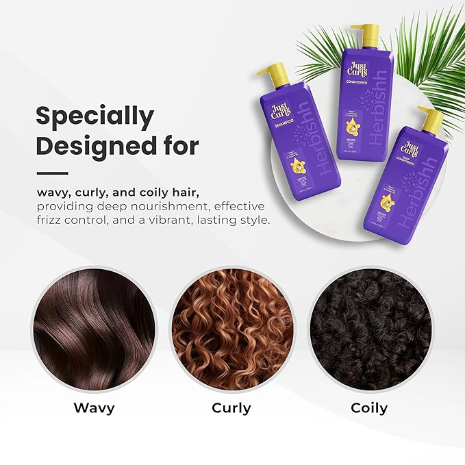 Herbishh Curly Hair Shampoo, Conditioner & Deep Conditioner (3 x 16.91 fl oz) Curly Hair Products Gift Set for Women & Men, Sulfate Free Shampoo, Keratin Coconut Avocado Oil, Frizz Control, Vegan