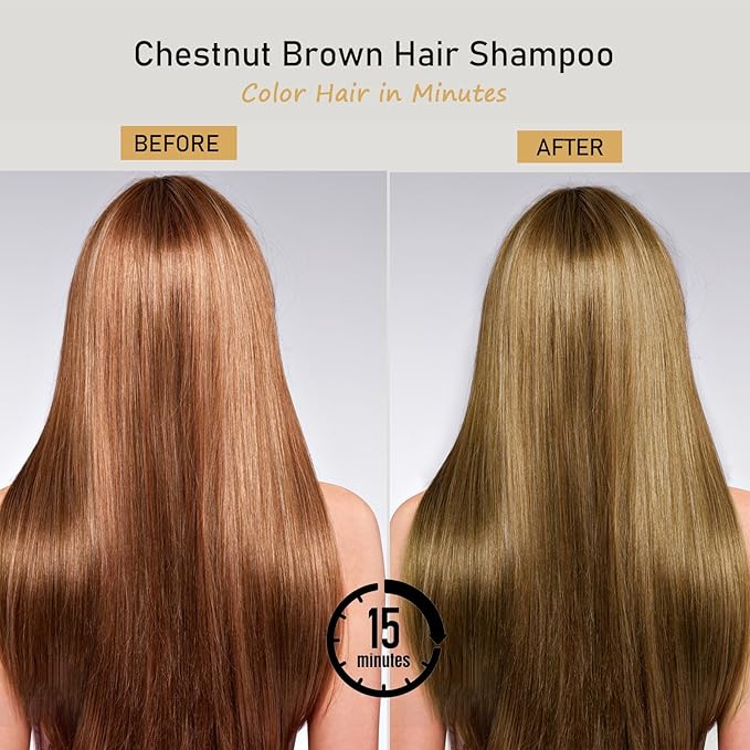 Fvquhvo Instant 3 in 1 Hair Dye Shampoo for Men & Women - Natural, Long Lasting, 16.9 Fl Oz (Chestnut Brown)
