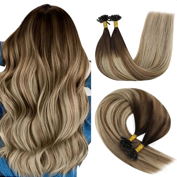 YoungSee Utip Hair Extensions Balayage U Tip Hair Extensions Real Human Hair Ombre Dark Brown to Brown with Blonde Keratin Hair Extensions U Tip Silky U Tips Remy Hair Extensions Straight 16In 50s/50g