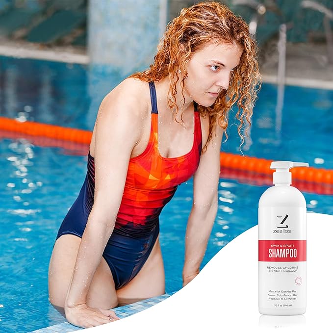 Zealios Sport Clarifying Shampoo, 32 oz Pump Bottle for Extremely Damaged Hair, Pool Hair Repair & Protector - Sulfate-Free, Moisturizing Chlorine & Salt Removal, Color-Safe, Citrus Scent for Swimmers