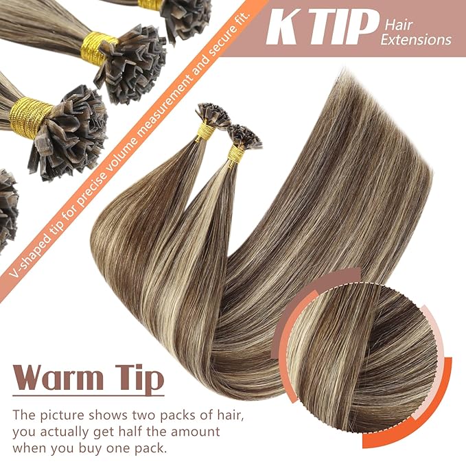 Sunny Hair Ktip Human Hair Extensions Fit Any Occasion K Tip Hair Extensions Real Human Hair Medium Brown Highlight Caramel Blonde Fusion Hair Extensions Soft Silky Keratin Tip 18inch 50g