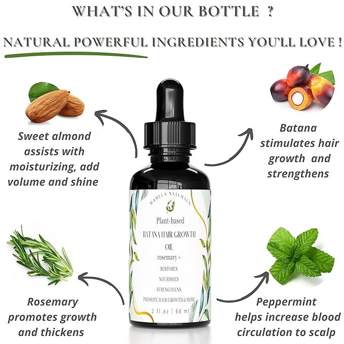 Batana Oil for Hair Growth - 100% Pure & Natural Blend with Raw & Organic Rosemary, Almond, Peppermint Oil - For Thicker, Fuller Hair - 2oz - All Hair Types