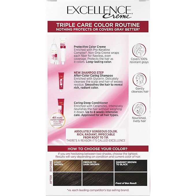 L'Oreal Paris Excellence Creme Permanent Triple Care Hair Color, 4A Dark Ash Brown, Gray Coverage For Up to 8 Weeks, All Hair Types, Pack of 1