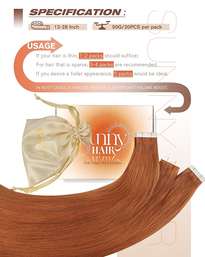 Sunny Hair Tape in Hair Extensions Real Human Hair Invisible Remy Hair Extensions Tape ins for Women Copper Red 18 inch 20Pcs 50G