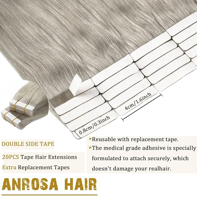 Anrosa Tape in Hair Extensions - Silky Grey Human Hair, Thick End Seamless Invisible for Women - 12 Inch, 50 Gram, 20pcs