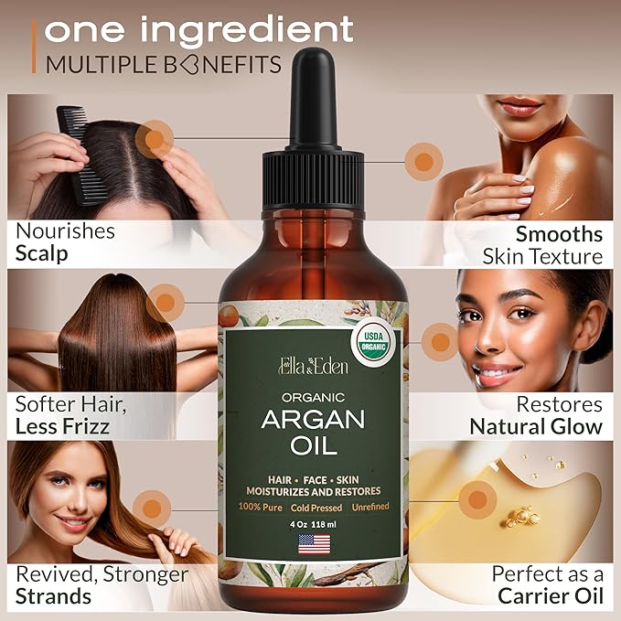 Ella & Eden Organic Argan Oil for Hair, Face & Skin | 100% Pure, USDA Certified, Cold-Pressed & Unrefined Moroccan Oil in Glass Bottle – 4 Oz