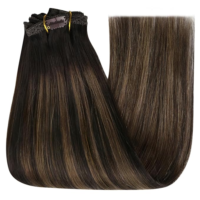 YoungSee 150G Clip in Hair Extensions Balayage Clip on Hair Extensions Dark Brown Mix Medium Brown Highlights Brown Balayage Clip in Extensions Real Hair Suitable for Special Occasions 7Pcs 20In 7Pcs