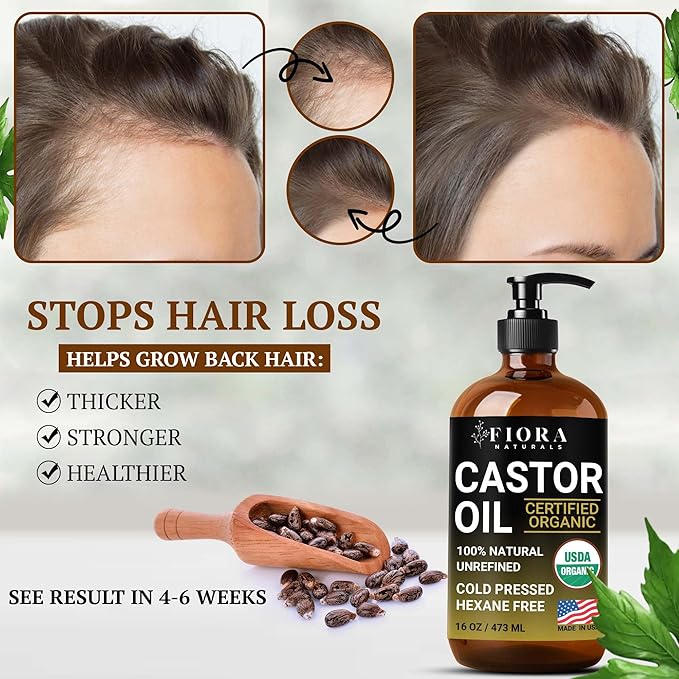Castor Oil Organic Cold Pressed Unrefined Glass Bottle | For Hair Growth, Skin, in Pack Wraps, Eyelashes & Brows | USDA Certified, 100% Pure Organic Castor Oil | Hexane Free | 16oz, 1oz