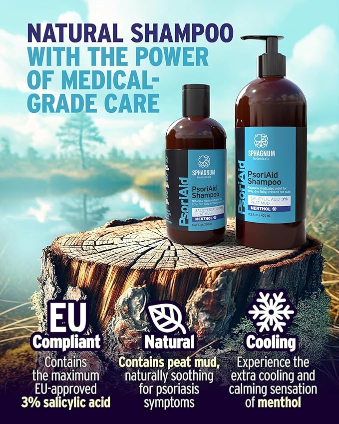 NEW 2025 Psoriasis Shampoo with Salicylic Acid – Natural Treatment for Dry, Itchy, Flaky, Red Scalp with Peat & Menthol. Promotes Hair Strength & Growth 8.45 fl oz