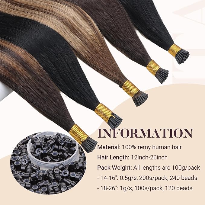 MAXITA I Tip Hair Extensions Human Hair, Balayage Chocolate Brown to Caramel Blonde 100g/100s 14 Inch, Comfortable Wear, 100% Remy Real Human Hair Itip Keratin Hair Extensions