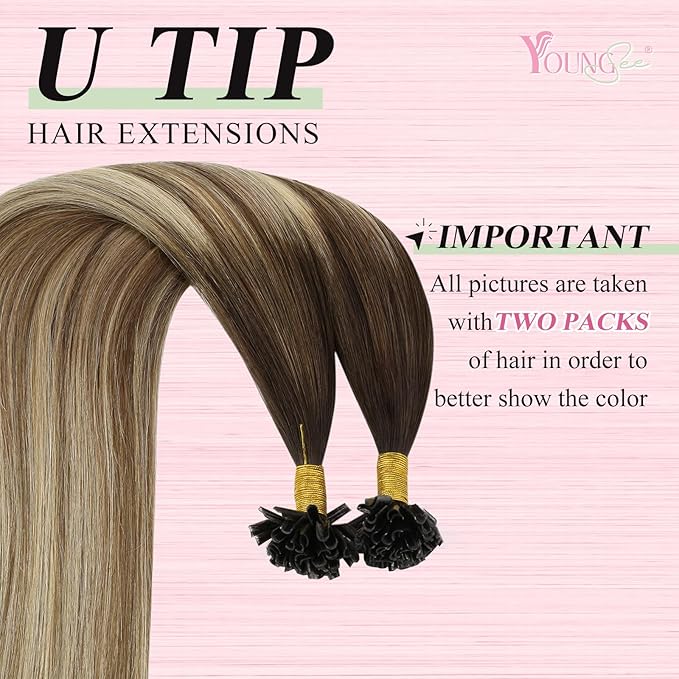 YoungSee Utip Hair Extensions Balayage U Tip Hair Extensions Real Human Hair Ombre Dark Brown to Brown with Blonde Keratin Hair Extensions U Tip Silky U Tips Remy Hair Extensions Straight 16In 50s/50g