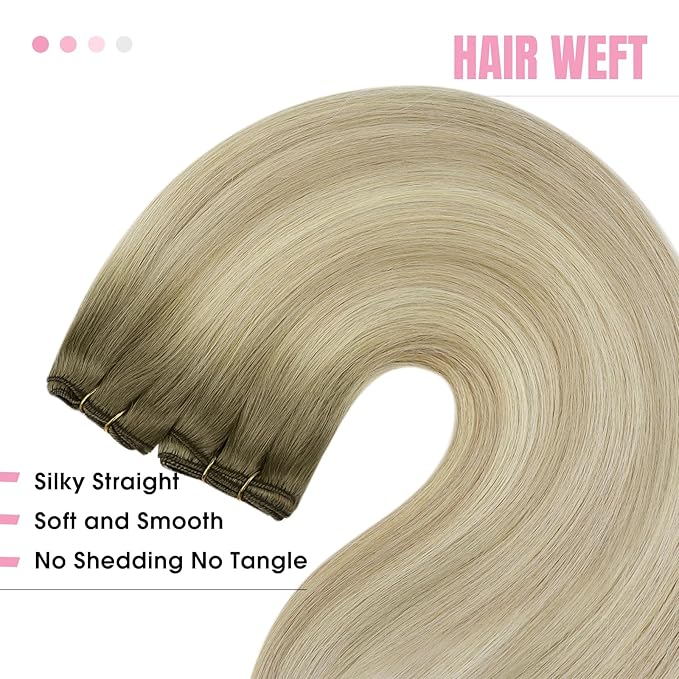 YoungSee Ombre Blonde Human Hair Weft Extensions Straight Silky Sew in Real Human Hair Extensions Ash Blonde Ombre Sunkissed Blonde Sew in Hair Extensions Human Hair 24Inch 100G