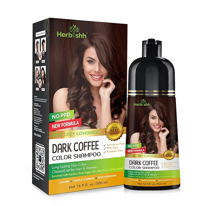 Herbishh Hair Color Shampoo for Gray Magic Dye Colors in Minutes Long Lasting 500ml 3-In-1 Color Ammonia-Free (Dark Coffee)