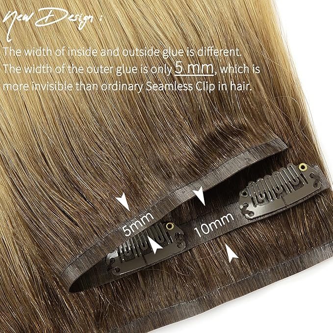 Lacer Seamless Clip in Hair Extensions Human Hair PU Glue Weft Clip on Hair Extensions R#4/18 Dark Brown with Ash Blonde Roots 16 Inch 110G 7pcs