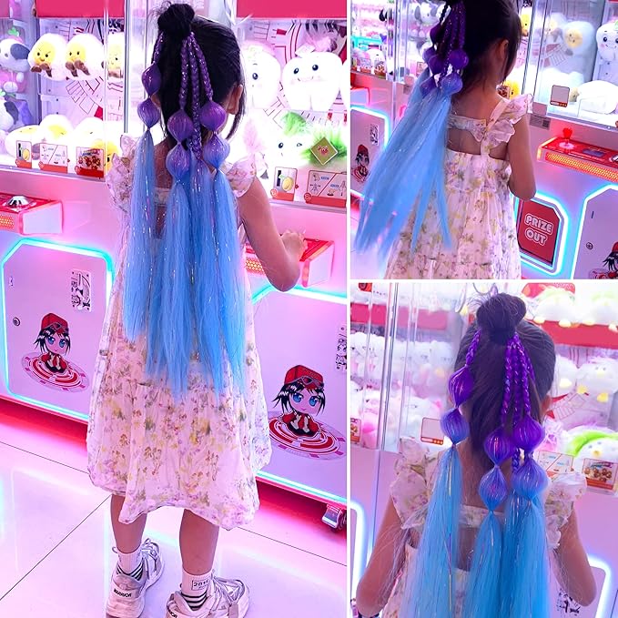 Colored Braided Ponytail Extension, 25 Inch Purple Blue Gradient Tinsel Bubble Ponytail Extension with Hair Tie, Ombre Crazy Hair Day Accessories for Girls Festival Rave (Purple/Light Blue#)