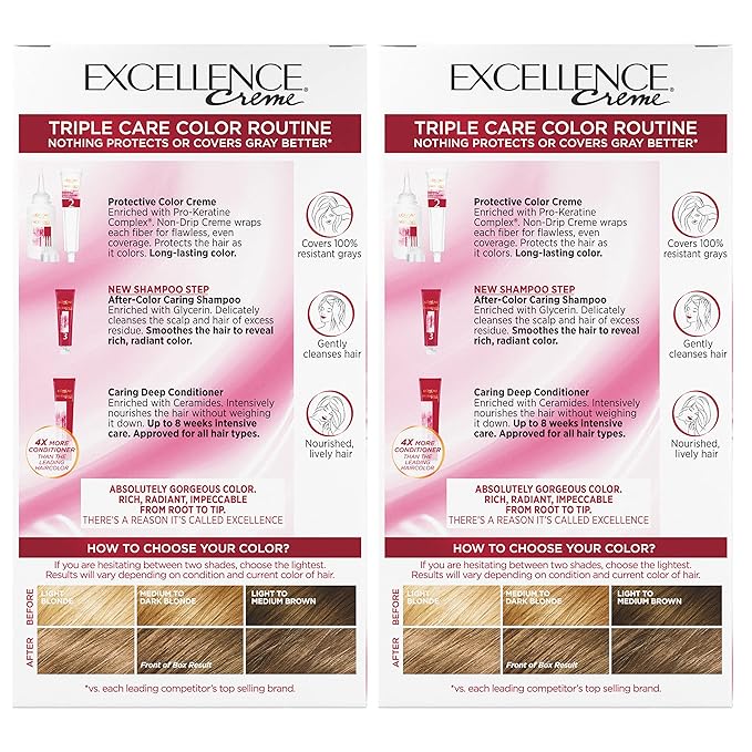 L'Oreal Paris Excellence Creme Permanent Hair Color, 7 Dark Blonde, 100 percent Gray Coverage Hair Dye, Pack of 2
