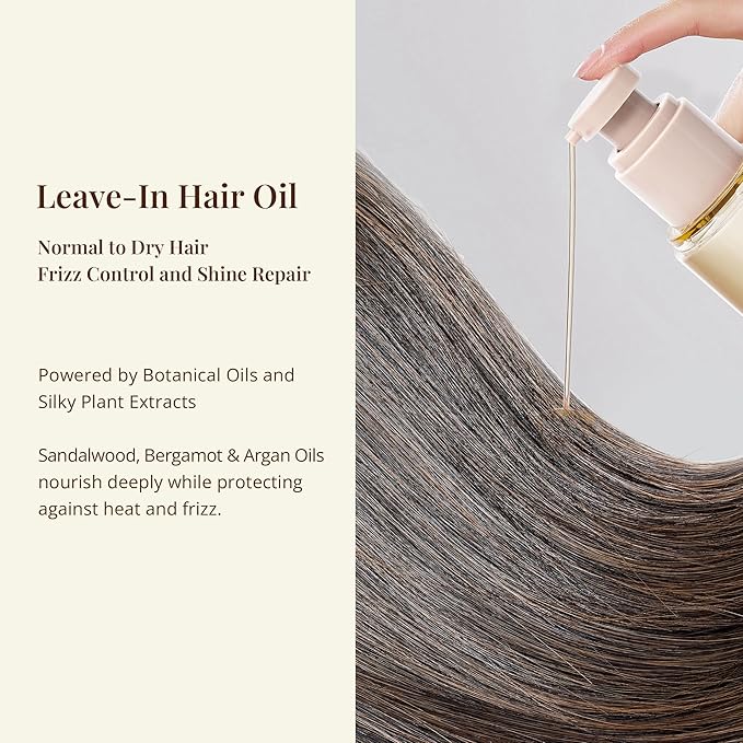 Leave-In Hair Oil with Sandalwood & Bergamot – Natural Essential Oil Aroma, Lightweight Frizz Control & Shine Enhancer for Daily Hair Care – No-Rinse Oil, 3.4 fl oz (100ml)