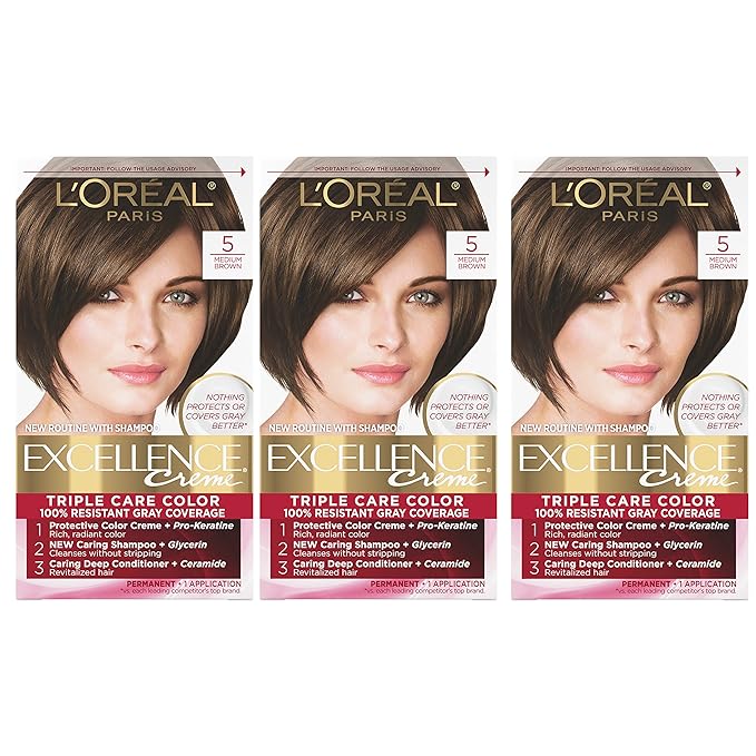 L'Oreal Paris Excellence Creme Permanent Hair Color, 5 Medium Brown, 100 percent Gray Coverage Hair Dye, Pack of 3