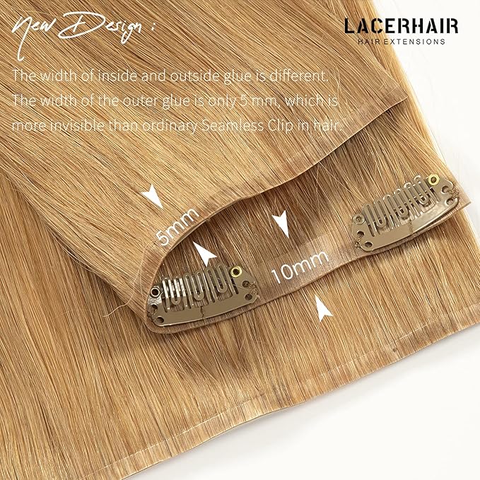 Lacer Hair 20 Inch Glam Seamless Hair Extensions Clip in Human Hair with Invisible Thin PU Skin Weft Remy Natural Hair Extensions #27 Caramel Blonde Full Head 7 Pieces 110 Grams with 16 Clips