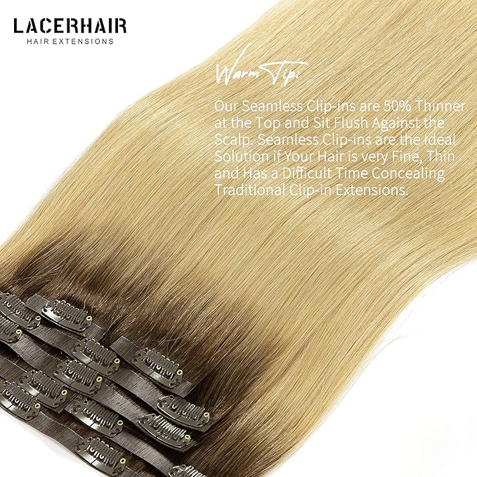 Lacer Seamless Clip in Hair Extensions Human Hair PU Glue Weft Clip on Hair Extensions R#4/18 Dark Brown with Ash Blonde Roots 16 Inch 110G 7pcs