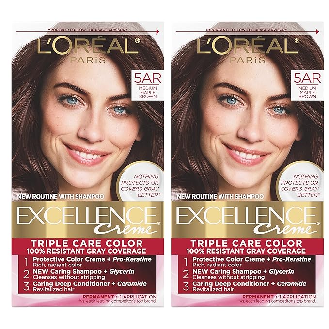 L'Oreal Paris Excellence Creme Permanent Hair Color, 5AR Medium Maple Brown, 100 percent Gray Coverage Hair Dye, Pack of 2
