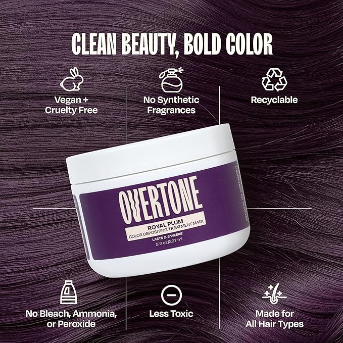 Overtone Color Depositing Semi-Permanent Hair Dye Conditioner - 8 oz For Natural & Color-Treated Hair, Moisturizing Shea Butter & Coconut Oil - Vegan & Cruelty-Free, Purple For Brown is now Royal Plum