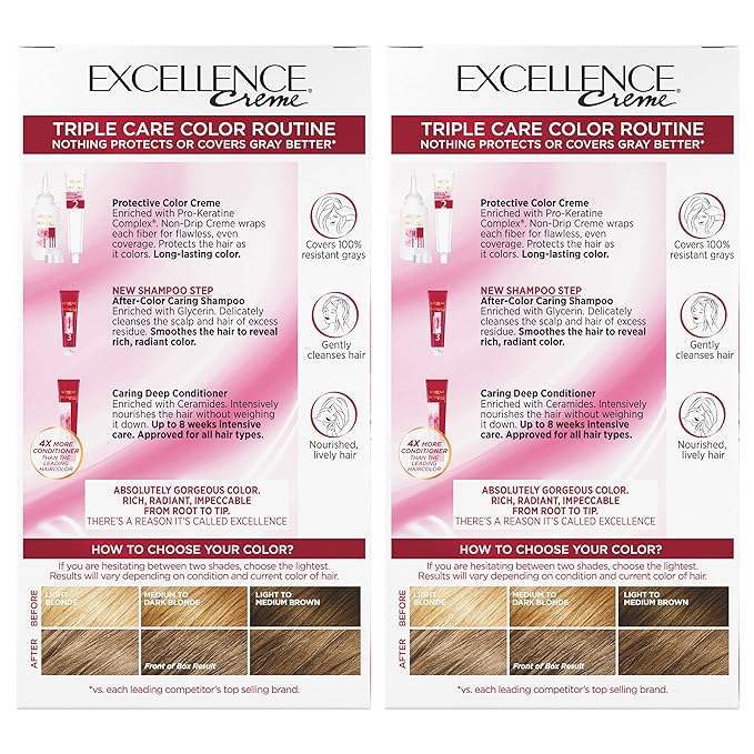 L'Oreal Paris Excellence Creme Permanent Hair Color, 7.5A Medium Ash Blonde, 100 percent Gray Coverage Hair Dye, Pack of 2