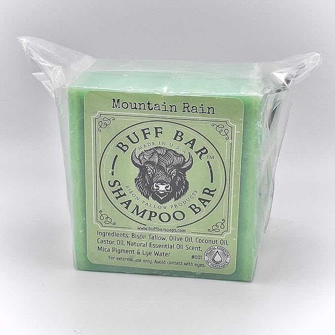 Pure Bison Tallow Buff Shampoo Bar, Mountain Rain, (2 pack) - Scents of Sea Salt, Moss, & Freesia - Cleans, Moisturizes, Naturally Derived, No Dyes, No Chemicals, No Preservatives