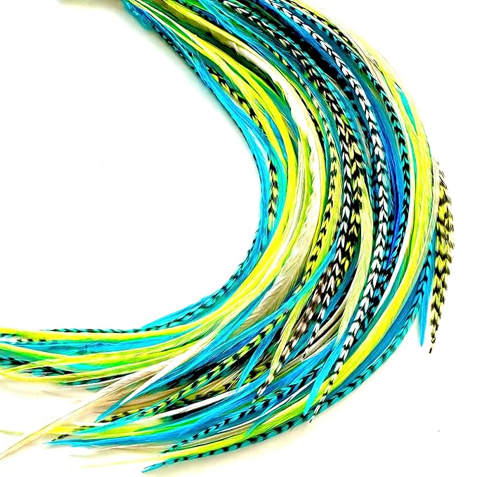 21 Neon Green & Turquoise Color Hair Extensions – 9”–14” Long – DIY Rooster Kit with 20 Micro-Link Beads – 100% Real Feathers – Eye-Catching Boho Style