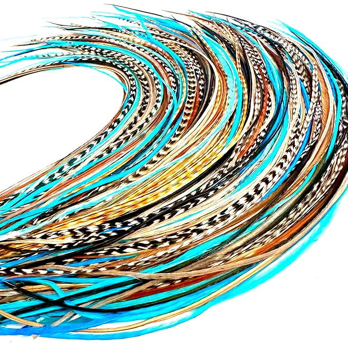 21 Natural & Turquoise Color Hair Extensions – 9”–14” Long – DIY Rooster Kit with 20 Micro-Link Beads – 100% Real Feathers – Eye-Catching Boho Style